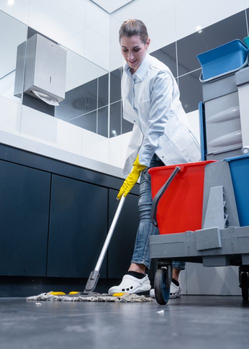 Cleaning lady mopping the floor in restroom Cleaning lady mopping the floor in restroom cleaning the toilet